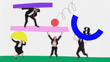 Contemporary art collage. Young active business people building new project working in group and...