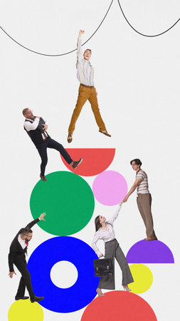 Contemporary art collage. Young successful business people men and women in casual suit working in...