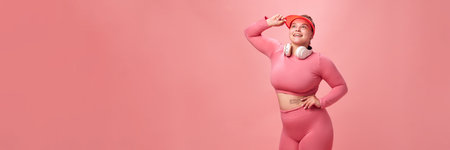 Portrait of young attractive plus size active woman in pink top and legging with headphones pointing...