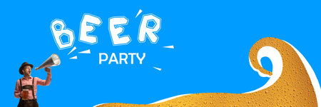 banner. Contemporary art collage. Beer party. Young mustache man shouting to retro, vintage megaphone about start of traditional festival. Concept of beer fest, holiday, festival, alcohol drink. adの写真素材