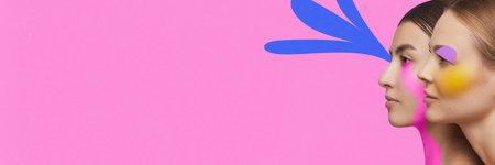 Contemporary art collage. Modern artwork. Side view porait of two beautiful woman with painted makeup on face agains vivid pink background. Concept of beauty, glamour, fashion, style. Banner. Poster.の写真素材