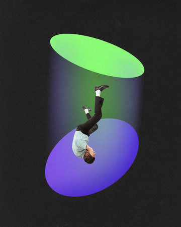 Contemporary art collage. Composite image of falling down upset, depression businessman from green hole to purple. Ups and downs in working process. Crisis, bankruptcy, inflation concept. Black modeの写真素材