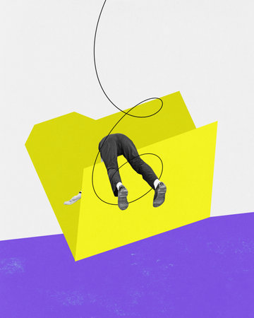 Contemporary art collage. Composite creative image of depressed businessman, employee hangs on painted document folder. Concept of business, money, marketing, accounting, analizyng. Overworked.の写真素材