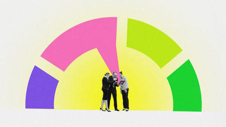 Contemporary art collage. Composite creative image of group of businessman, employees working, discussing working moments with laptop. Concept of business, money, management, analyzing. Teamwork.の写真素材