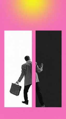 Contemporary art collage. Composite creative image of young business man go from shadow, black to light, white. Side, shady business. Concept of black economy, analisis, income.の写真素材