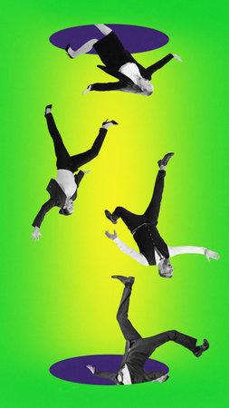 Contemporary art collage. Composite image of falling down upset, depression businessmans to hole over green gradient background. Ups and downs working process. Crisis, bankruptcy, inflation conceptの写真素材