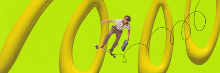Contemporary art collage. Man in retro style clothes riding on skateboard with briefcase through...
