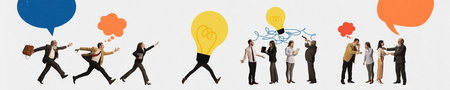 Contemporary art collage. Team of business people, office workers running to other employees to discuss new idea and make it real. Concept of business, growth, stratup, achivements, success.の写真素材