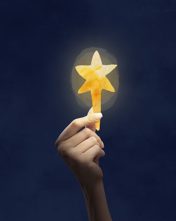 Contemporary art collage. Hand holding First Star isolated over dark blue background. Happy holidays. Miracles. Concept of Christmas, New Year, holiday, cosy atmosphere, celebration, winter.の写真素材