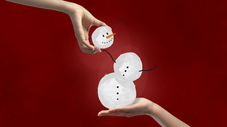 Contemporary art collage. Modern artwork in drawing style. hands making Snowman, frosty. Winter activities. Happy holidays are coming. Concept of Christmas, New Year, holiday, celebration, winter.の写真素材