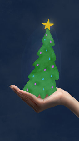 Contemporary art collage. Hands holding Christmas Tree glittering with colored light and decorations over dark blue background. Concept of Christmas, New Year, holiday, celebration, winter, presents.の写真素材