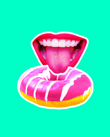 Contemporary art collage. Modern creative artwork. Alternative food. Mouth with tongue going eat...