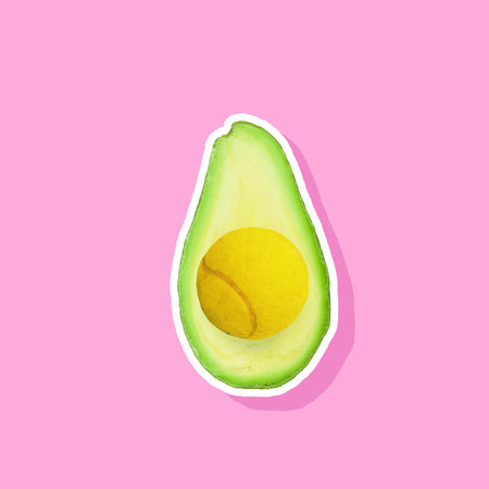 Contemporary art collage. Modern creative artwork. Alternative food. Tennis ball looks like avocado...