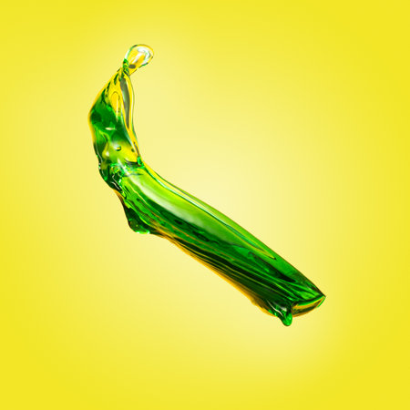 Abstract green splash, wave with dropps and blobs. Levitating colored paint, liquid isolated on gradient yellow background. Main trends in modern design. Concept of textures, colors, palette. Adの写真素材