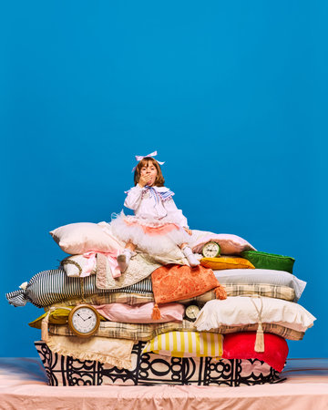 Portrait of yawning little princess, girl sitting on huge, big pile of pillows over blue studio background. Fairy character. Story tale. Concept of fantasy, historical, fairy remake, sleep, morning. Adの写真素材