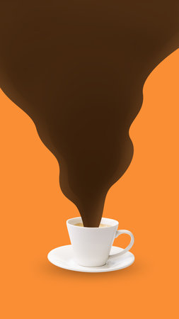 Creative design. Flow of coffee from coffee cup on orange background. Energy and taste. Concept of drink, taste, art, colorful design. Minimal design. Poster. Copy space for ad.の写真素材