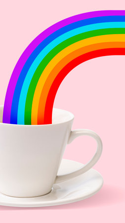 Rainbow appearing from coffee cup on pink background. In a good mood after delicious drink. Creative design. Concept of drink, taste, art, colorful design. Poster. Copy space for ad.の写真素材
