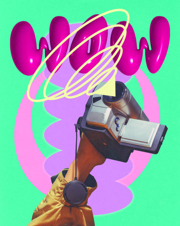 Poster. Contemporary art collage. Wow. Hand holding digital video camera over painted colorful...
