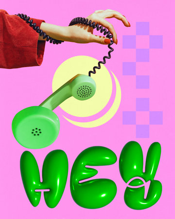 Poster. Contemporary art collage. Hey. Female hand holding handset with cord over painted colorful background with green inscription. Concept of vintage fashion, emotions, style, trends. adの写真素材