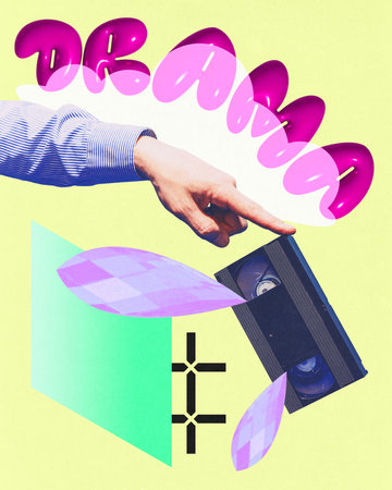 Poster. Contemporary art, collage. Drama. Hand pointing retro tape with tears like crystals over...