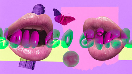 Poster. Contemporary art collage. You go girl. Female lips and violet butterflies over painted colorful background with transparent inscription. Concept of vintage fashion, style, trends. adの写真素材