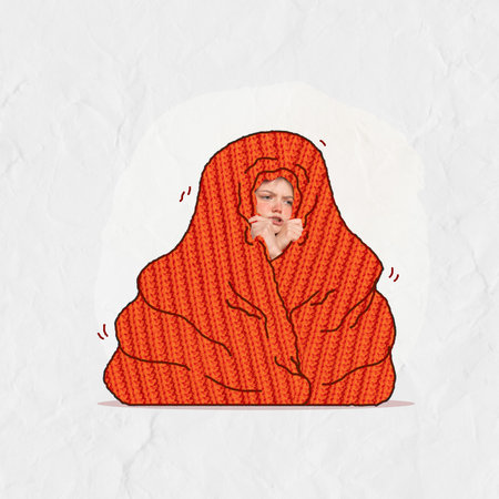 Poster. Contemporary art collage. Young woman sitting wrapped in painted huge, warm, comfort blanket after long walking in cold. Concept of vintage fashion, beauty, emotions, style, trends, winter. adの写真素材