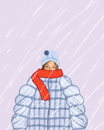 Poster. Contemporary art collage. Modern creative artwork. Pretty girl dressed in huge warm coat, hat and scarf under snowfall. Concept of fashion, style, winter, cold season, trends. adの写真素材