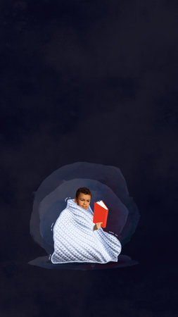 Poster. Contemporary art collage. Modern creative artwork. Small little boy reading book at night...