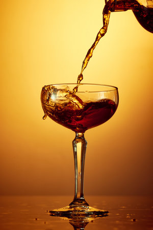 Close up photo of pouring whiskey, rum, brandy or gin from bottle in high glass over golden gradient background. Concept of alcohol, strong spirits, drinks, liquid, nightlife, party, restaurant. Adの写真素材