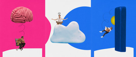 Poster. Banner. Contemporary art collage. Set made of creative images with play dough brain, cloud and column. Brainstorming, clear thoughts and new lifestyle. Concept of business, startup. Copy spaceの写真素材