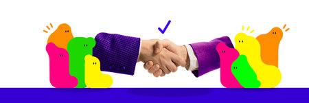 Poster. Contemporary art collage. Shaking hands and checking mark over bright splashes like people with joyful emotions. Cooperation. Concept of business, motivation, career development, goals. adの写真素材