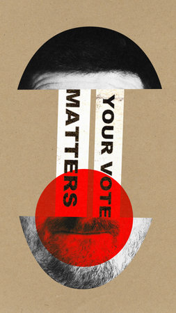 Poster. Contemporary at collage. Cropped scared human face, mouth and forehead as scroll with...
