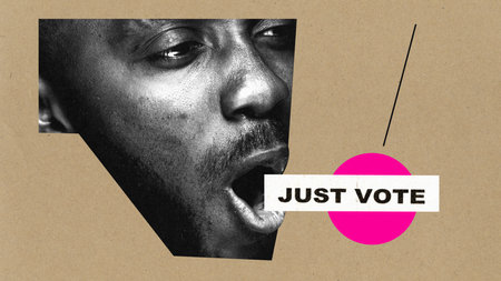 Poster. Contemporary at collage. Cropped human face, who shouting inscription just vote against craft brown background. Concept of voting, politician campaign, government, parliament, advertisingの写真素材