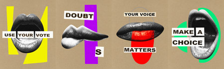 Poster. Contemporary at collage. Cropped monochrome mouth with inscriptions of beginning voting process over craft brown background. Concept of voting, freedom, politician campaign, government. adの写真素材