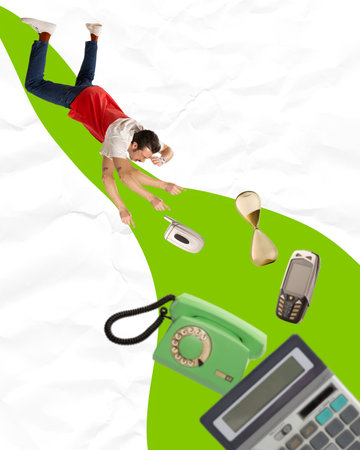 Poster. Contemporary art collage. Businessman wearing stylish casual outfit have four hands and flies down with vintage and retro phones, clock, calculator. Concept of motivation, multitasking.の写真素材