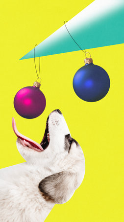 Poster. Contemporary art collage. Modern creative funny artwork. Pet, dog with painted stick of Christmas tree and going bites toy over yellow background. Concept of winter, New Year, animals. adの写真素材