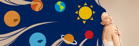 Banner. Poster. Contemporary art collage. Modern artwork. Sensitive beautiful lady with creative drawn starry night, galaxy, planets in painted hairs. Concept of astrology, universe. Cartoon style.の写真素材