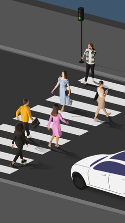 Painted illustration. Modern lifestyle of citizens in big city. People crossed road on green light of traffic signal while cars stopped and waiting. Business, traffic rules, active lifestyle concept.の写真素材
