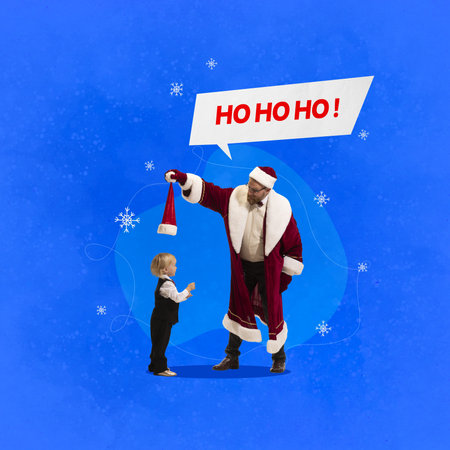 Poster. Contemporary art collage. Modern artwork. Happy man, dressed like Santa Claus talk Ho-Ho-Ho, have fun with little sweaty boy, kid surrounded drawn snow flakes. Concept of holidays, New Year.の写真素材