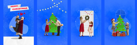 Poster. Contemporary art collage. Set made of posters with people, kids and parents who waiting holidays and decorate their home in Christmas Eve. Concept of love, happiness, New Year, Christmas. Adの写真素材