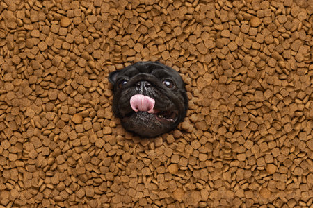 Close up portrait of funny Pug, breed dog face, open mouth and licking, surrounded canine food for...