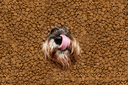 Close up portrait of Schnauzer, breed dog face, mouth and tongue, surrounded canine food for pets, animals. Copy space for text. Concept of animals, pets life, canine food, shopping, sale. Adの写真素材