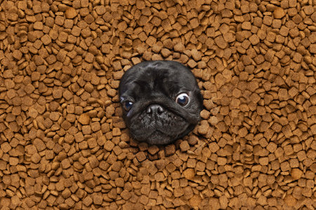 Close up portrait of funny Pug, breed dog face surrounded canine food for pets, animals. Copy space for text. Concept of animals, pets lovers, canine food, shopping, sale, veterinary. Adの写真素材