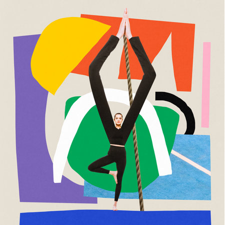 Poster. Contemporary art collage. Modern creative artwork. Young flexible woman, sportsman balancing...
