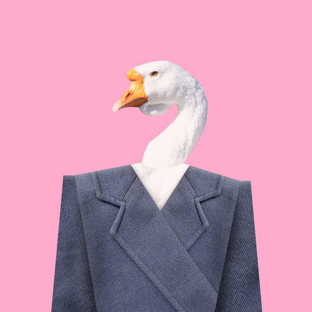 Goose wearing oversized jacket over pink background. Formal wear. Contemporary art collage. Concept of surrealism, animal theme, creativity, poultry, imagination, fashion. Pop artの写真素材