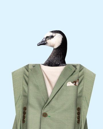 Head of poultry, Barnacle Goose in stylish retro jacket over light blue background. Contemporary art collage. Concept of surrealism, animal theme, creativity, poultry, imagination, fashion. Pop artの写真素材