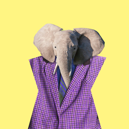 Elephant wearing purple retro jacket over yellow background. Vintage style. Contemporary art collage. Concept of surrealism, animal theme, creativity, imagination, fashion. Pop artの写真素材