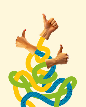 Poster. Contemporary art collage. Creative modern artwork. Cropped three hands with thumb up and green, blue and yellow lines. Well done. Concept of business, challenge, control, work, success.の写真素材