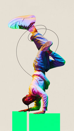 Poster. Contemporary art collage. Modern artwork. Energetic man hip-hop dancer with huge legs in...