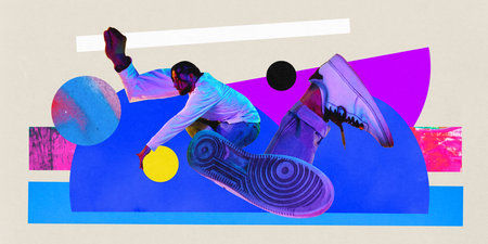 Poster. Contemporary art collage. Modern artwork. Energetic man dancer with huge, long legs painted...